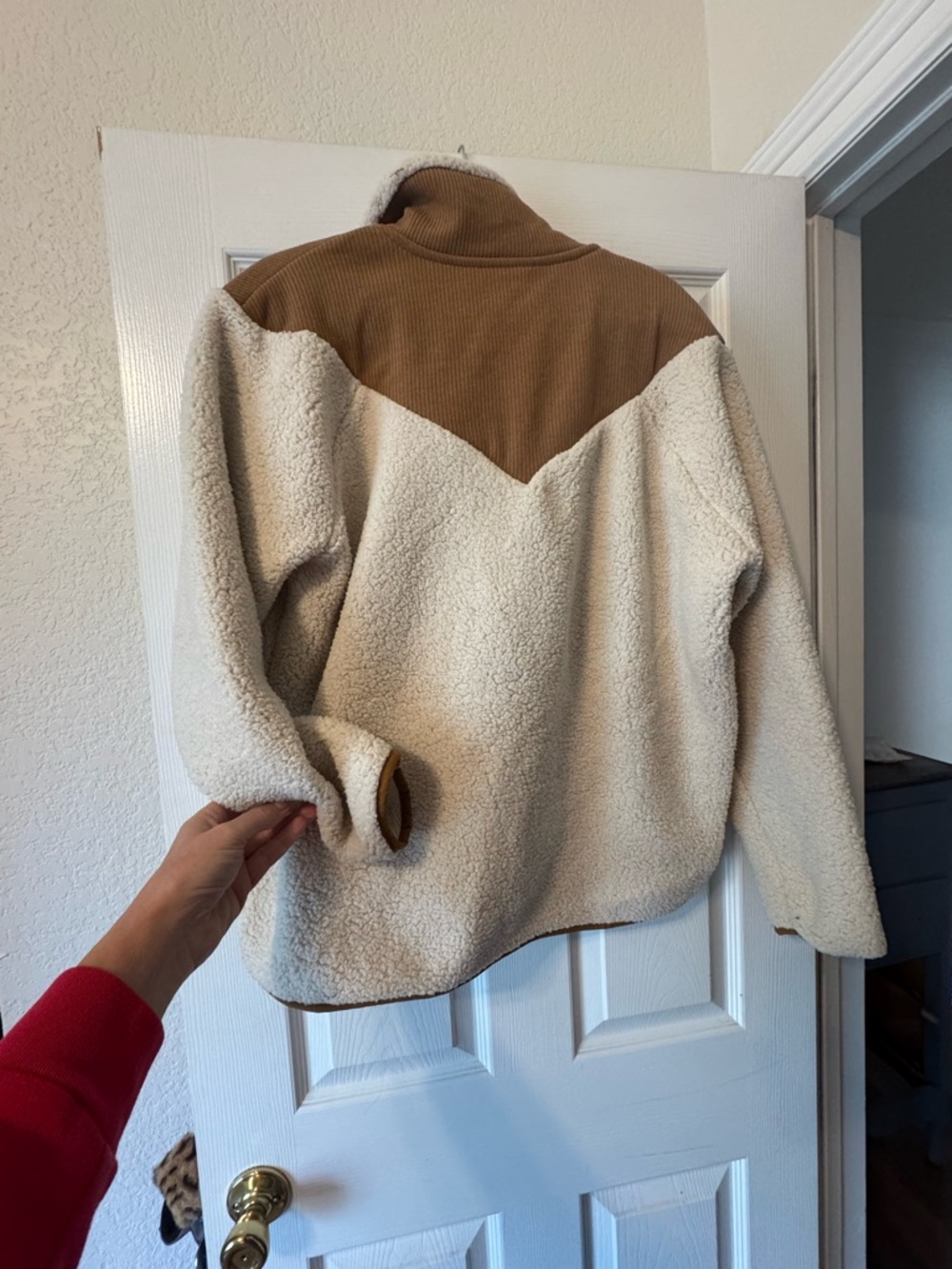 Time and Tru Cream and Brown Sherpa Half-Zip Pullover - Picture 4 of 7
